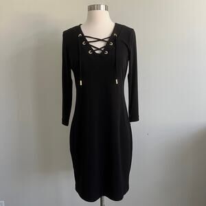 Calvin Klein Lace Up Long Sleeve Dress Soft Slinky Packable 4 Black NWT